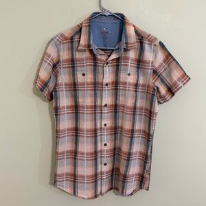 Kuhl men’s S plaid shirt, brown and blue short sleeve, hiking button up outdoors